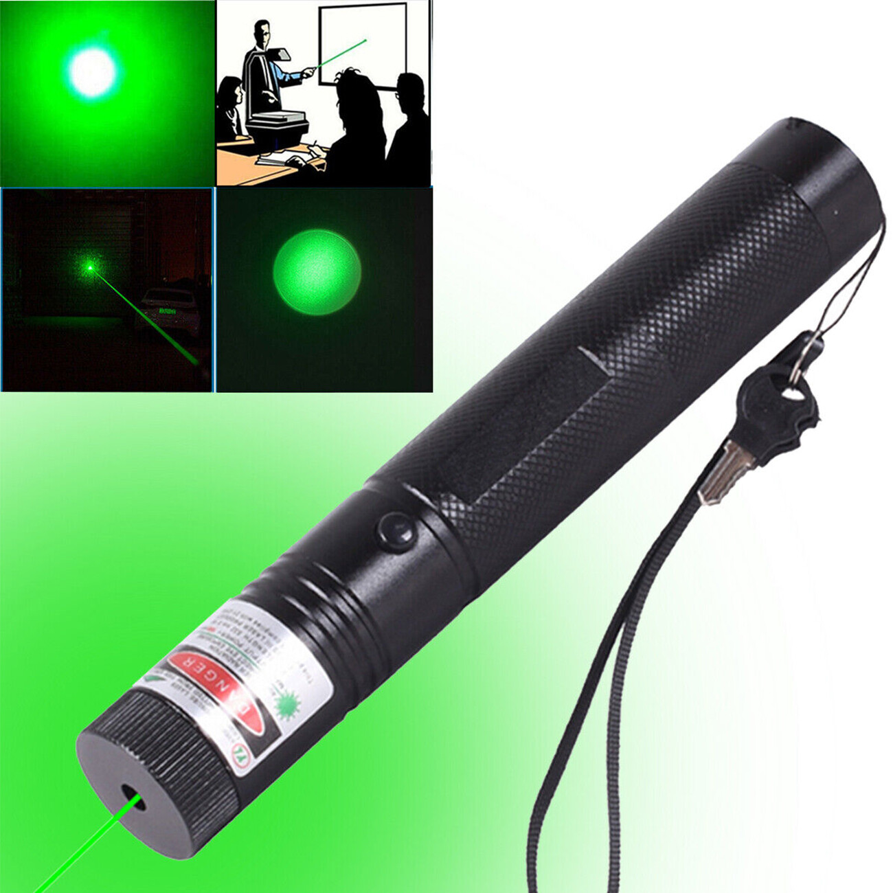 Military Green Laser Pointer Pen Astronomy Cat Toy Adjustable Focus + 18650 button top Battery+Universal Smart Charger