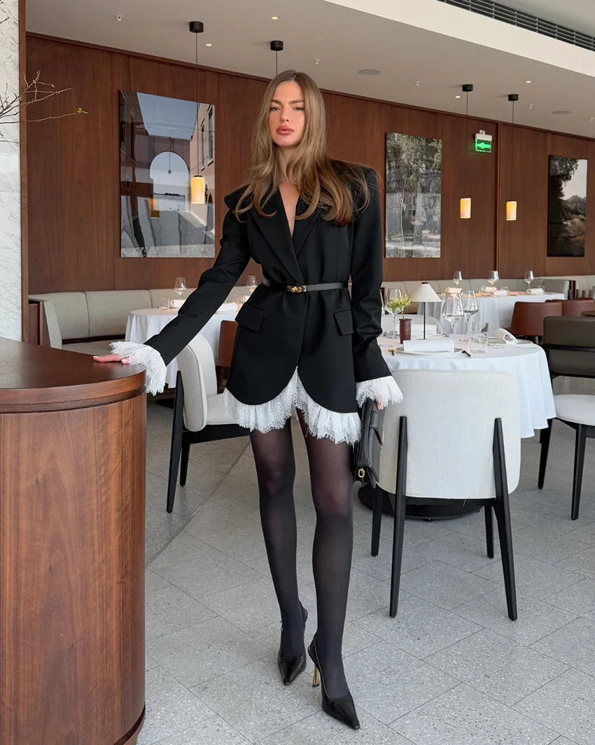 Autumn Lace Patchwork Blazer Coats Women Elegant Long Sleeve Single Button Black Outerwears Office Lady Suit Coats 250827