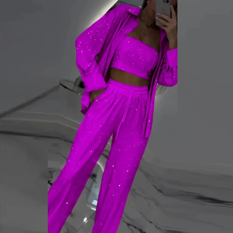 Sexy Elegant Women Sequin Shirt Suit Shiny Vintage Wide Leg Pants 3Pcs Sets Outfits Party Lady Chic Evening Gown Vacation 250827