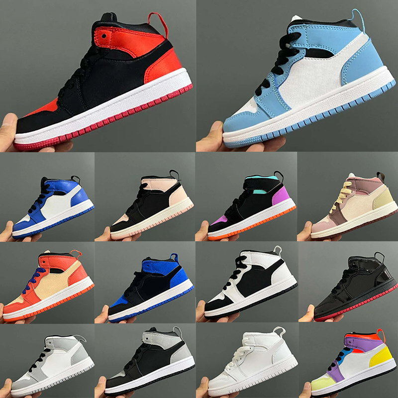 Designer 1s Kids Basketball Shoes Boys Girls Infants Royal Scotts Obsidian Chicago Bred Sneakers Melody Mid Multi-Color Tie-Dye Kid Athletic Outdoor Eur 23-35