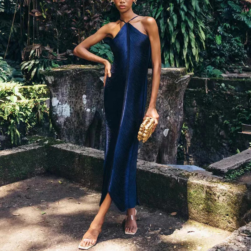 Sexy Hollow Out Sleeveless Tassels Womens Dress Fashion Halter Slim Solid Color Long Dress Elegant High Waist Split Party Dress 250827