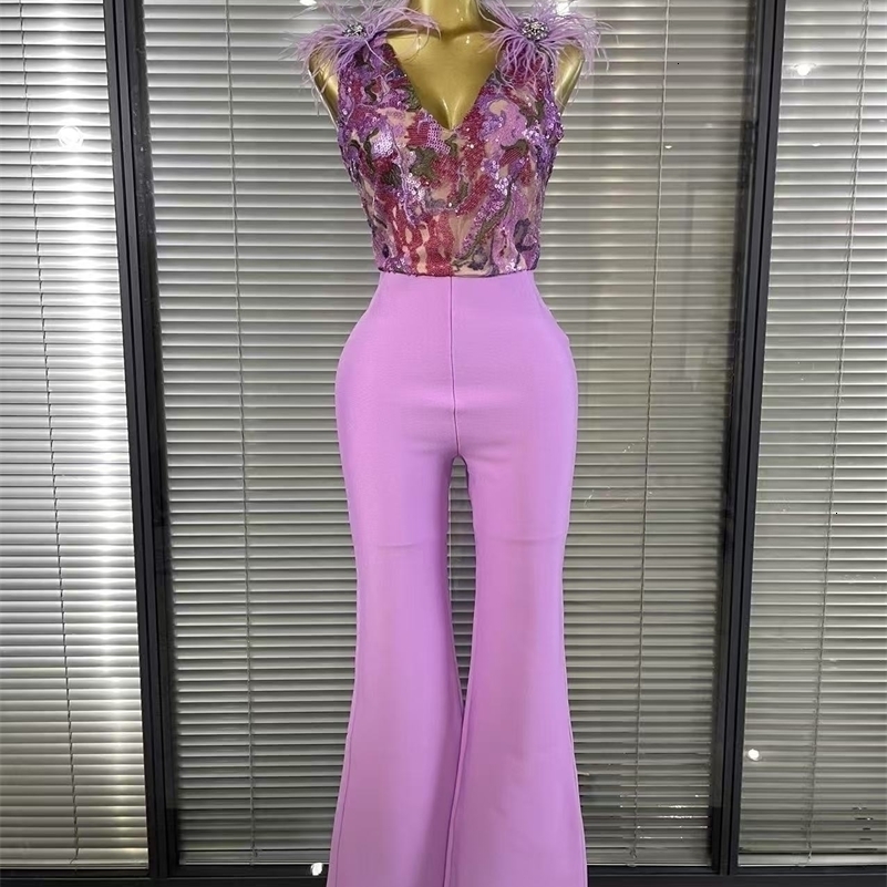 Light Purple Women Sleeveles Sexy VNeck Shinning Sequins Feathers Bodycon Bandage Long Jumpsuit Nightclub Party Celebrate Wear 250826