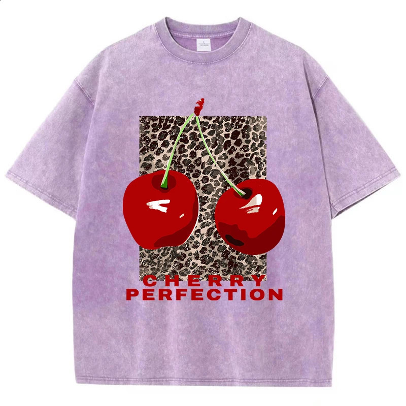 Cherry perfection Washed T Shirt Women Cotton Leopard Prints Oversize Tops Vintage Black ONeck TShirts Summer Woman Clothes 250826