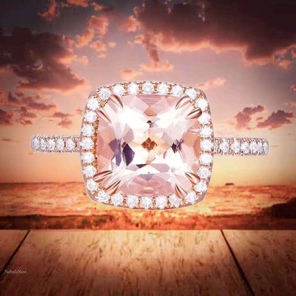 2025 New Product Pure Sier Thin Ring with Pink Morganite Cushion Cut Inlay Elegant Jewelry