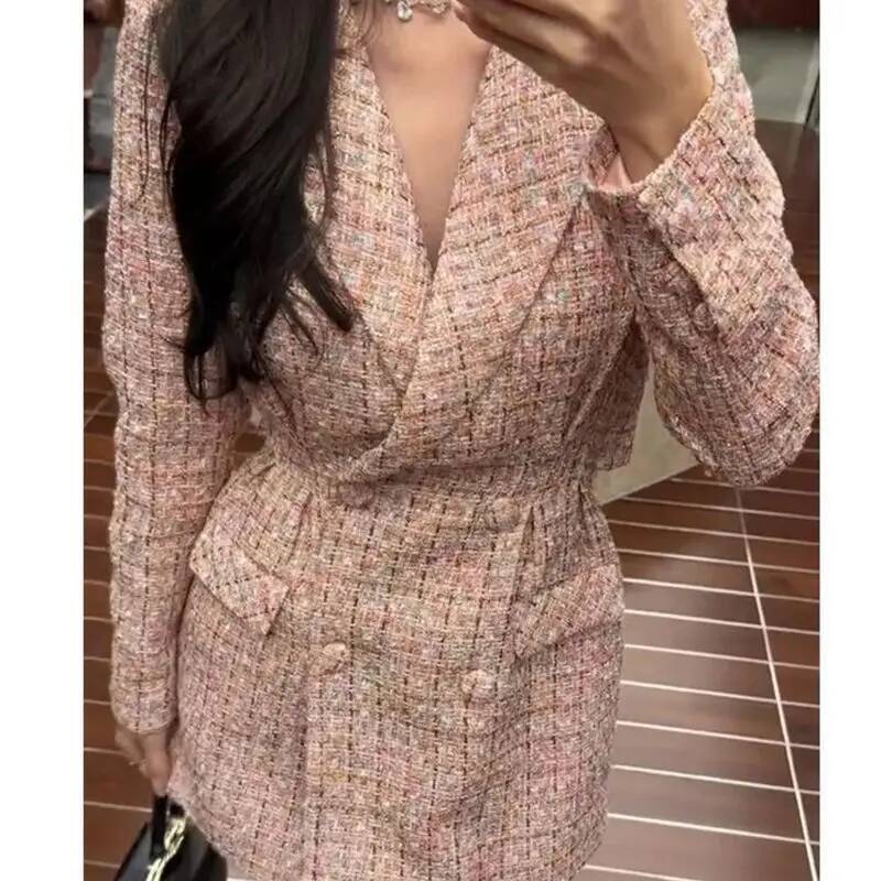 Korean Elegant Women Weave Plaid Tweed Mini Autumn Winter New Fashion Double Breasted Office Lady Slim Party Dress 344P dongdumaoyi