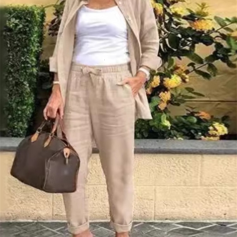 2025 Autumn Spring Casual Suit Women Cotton Linen 2 Piece Set Solid Color Loose Button Shirt Pants Sets Daily Womens Clothing 250826
