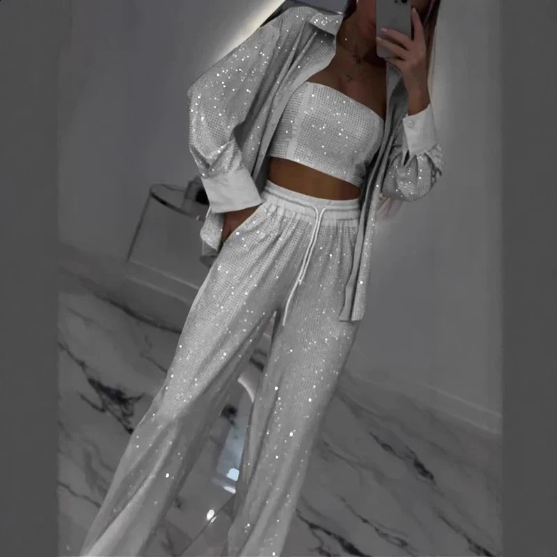 Sexy Elegant Women Sequin Shirt Suit Shiny Vintage Wide Leg Pants 3Pcs Sets Outfits Party Lady Chic Evening Gown Vacation 250827