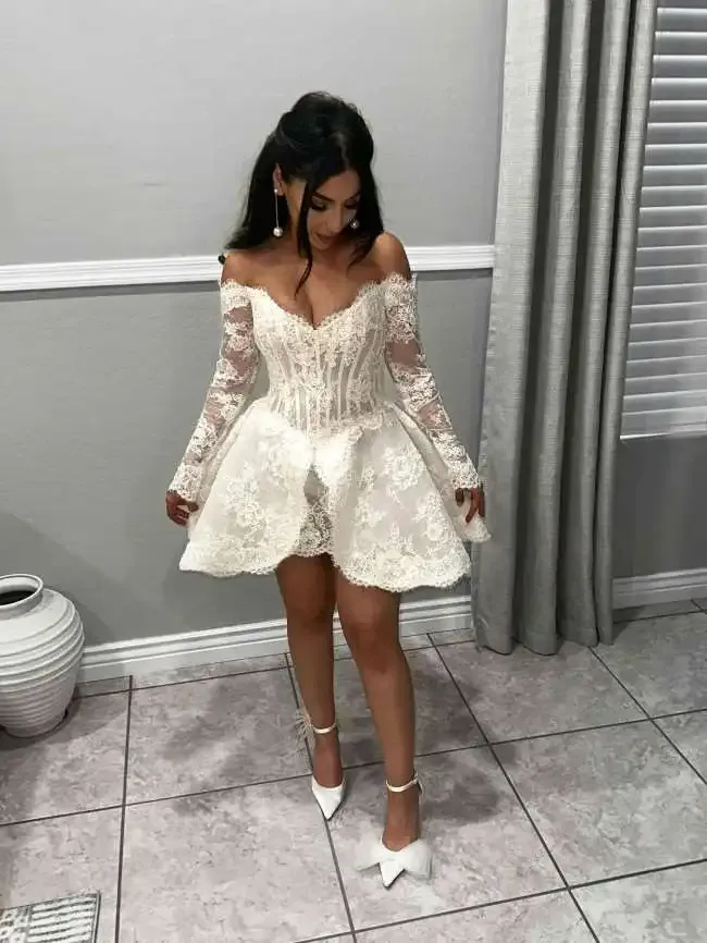 Classic Short Lace A-Line Wedding Dresses Long Sleeves Mini Length Bridal Weddings Recepetion Gowns Custom Made Plus Size Vestidos de Novia