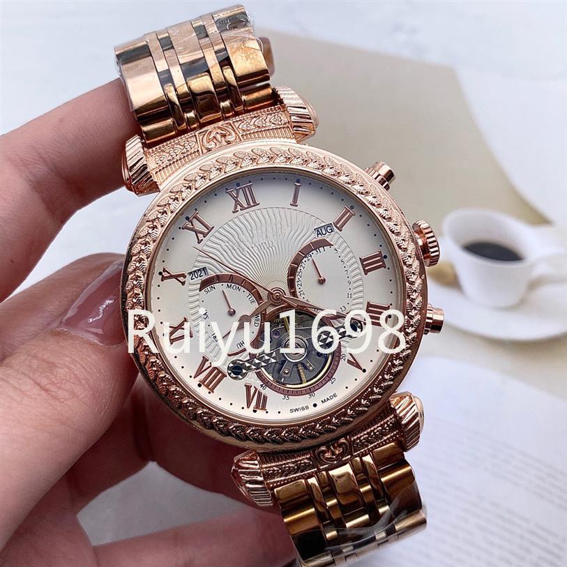 New Luxury Mens Watch Automatic Mechanical Watches Rose Gold Multifunction Tourbillon Clock242G