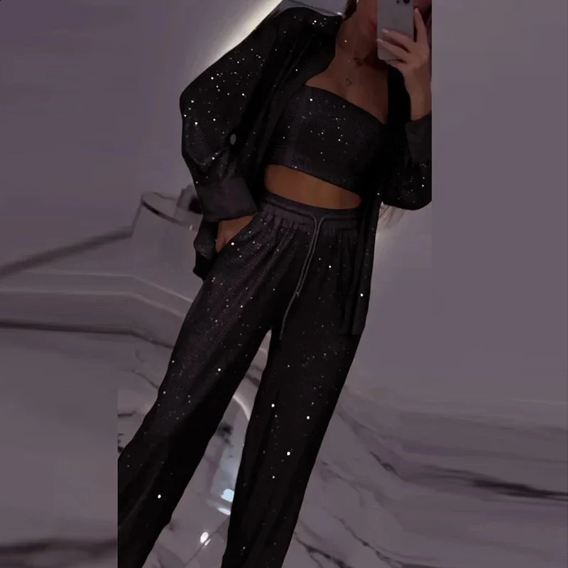 Sexy Elegant Women Sequin Shirt Suit Shiny Vintage Wide Leg Pants 3Pcs Sets Outfits Party Lady Chic Evening Gown Vacation 250827