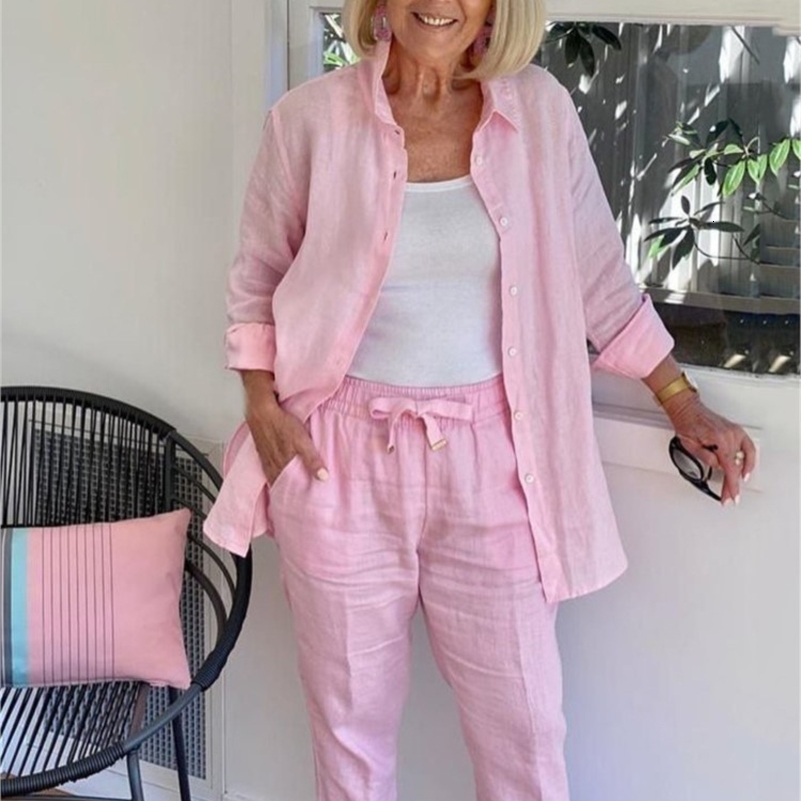 2025 Autumn Spring Casual Suit Women Cotton Linen 2 Piece Set Solid Color Loose Button Shirt Pants Sets Daily Womens Clothing 250826