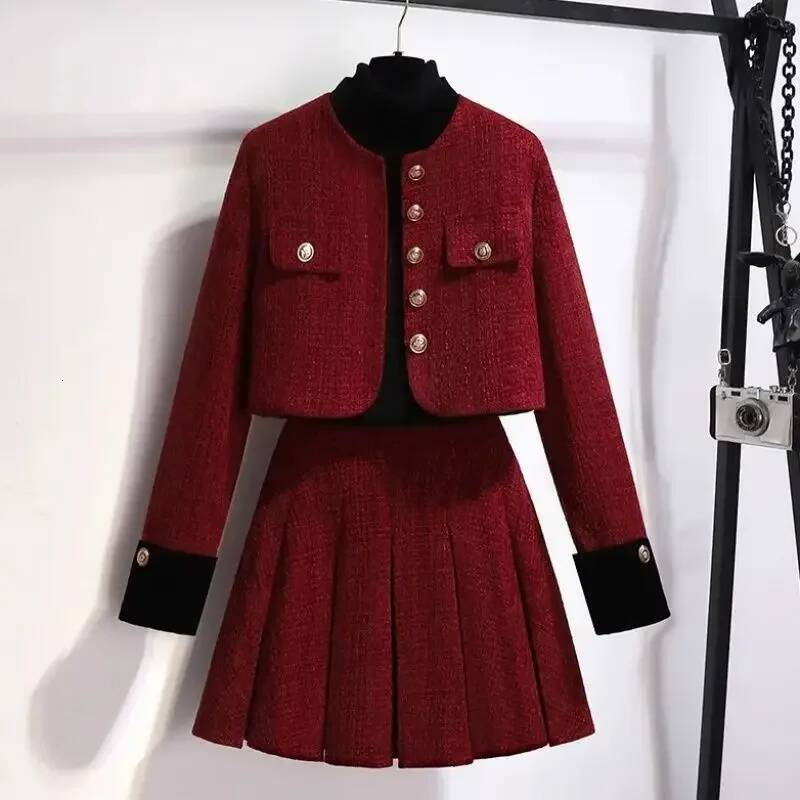 Lnsozkdg French Small Fragrance Suit Women Patched Plaid Coat Pleated Skirt Sweet Fresh Autumn Winter Advanced Two Piece Sets dongdumaoyi