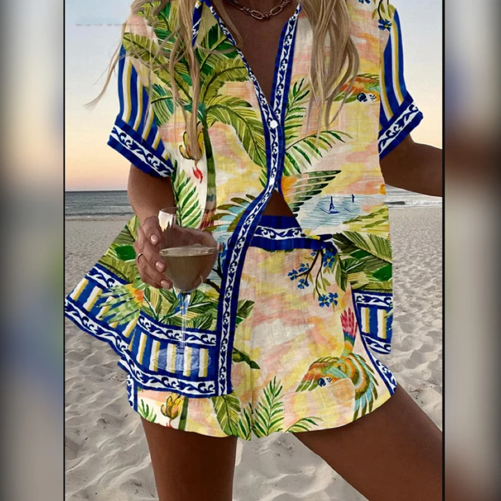 Women's Tracksuits Fashion Print Beach Holiday 2 Piece Set Women Summer Short Sleeve Shirt Top Wide Legs Shorts Oversize Two Outfit