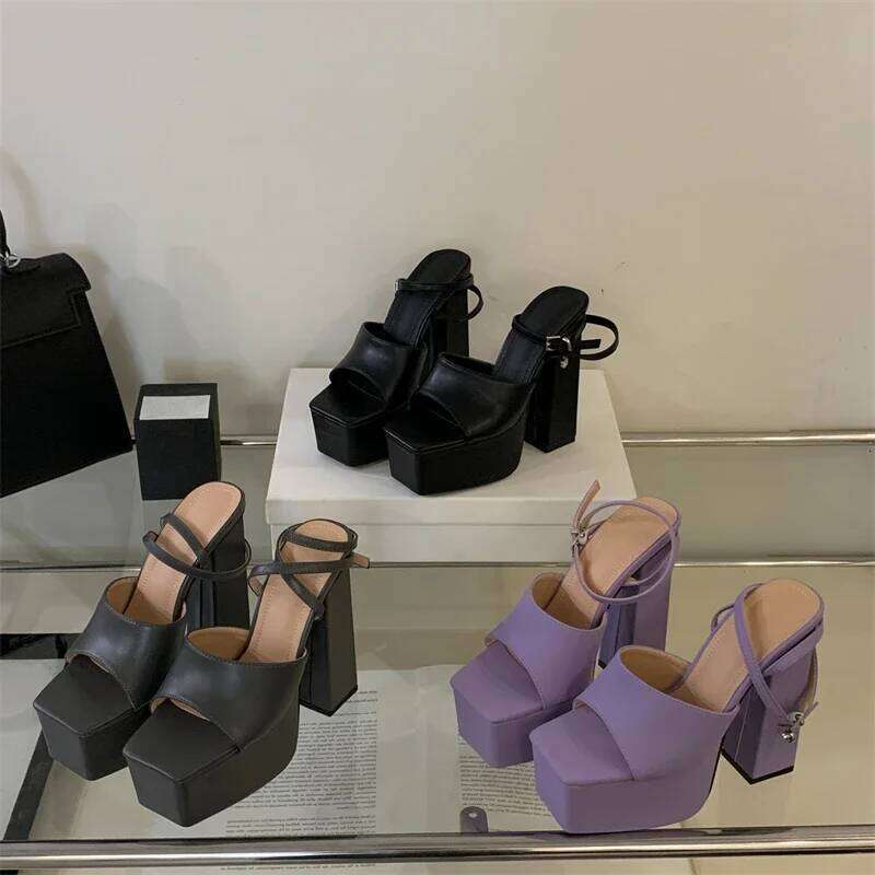 Eilyken New Fashion Chunky Platform Buckle Strap Women Sandals Concise Square Toe High Heels Nightclub Summer Shoes