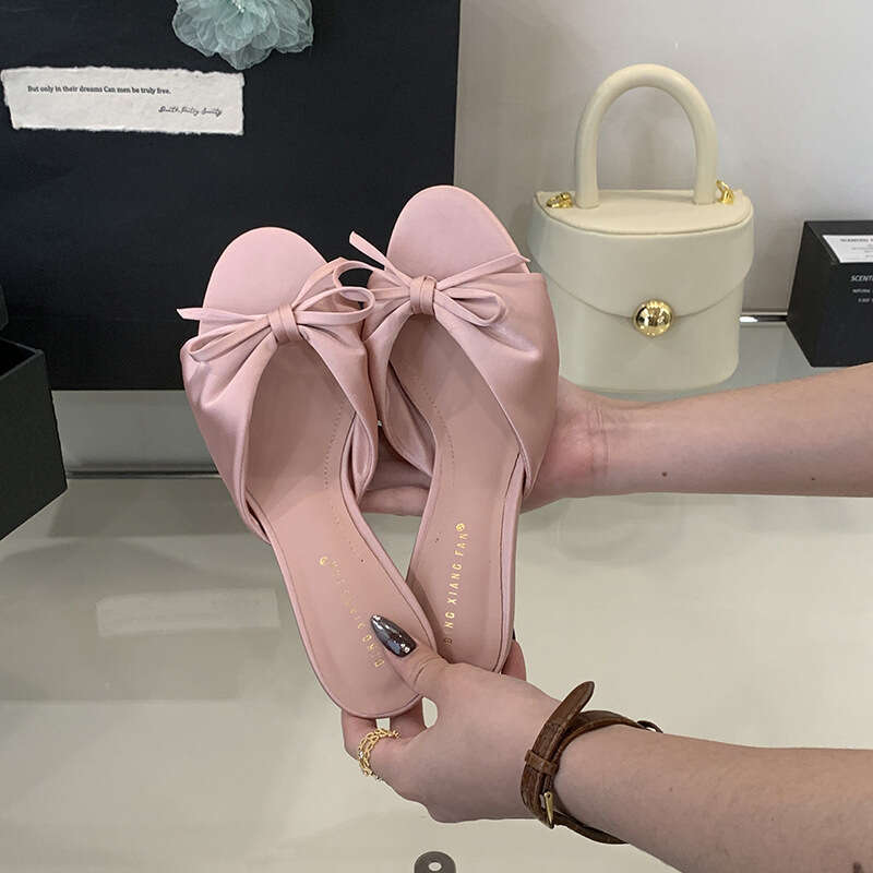 DHGargets 2025 Summer Fashion Open-Toe Satin Sandals Women, Bow Kitten Heel Slide Slippers for Sweet Elegant Style, Soft Comfort