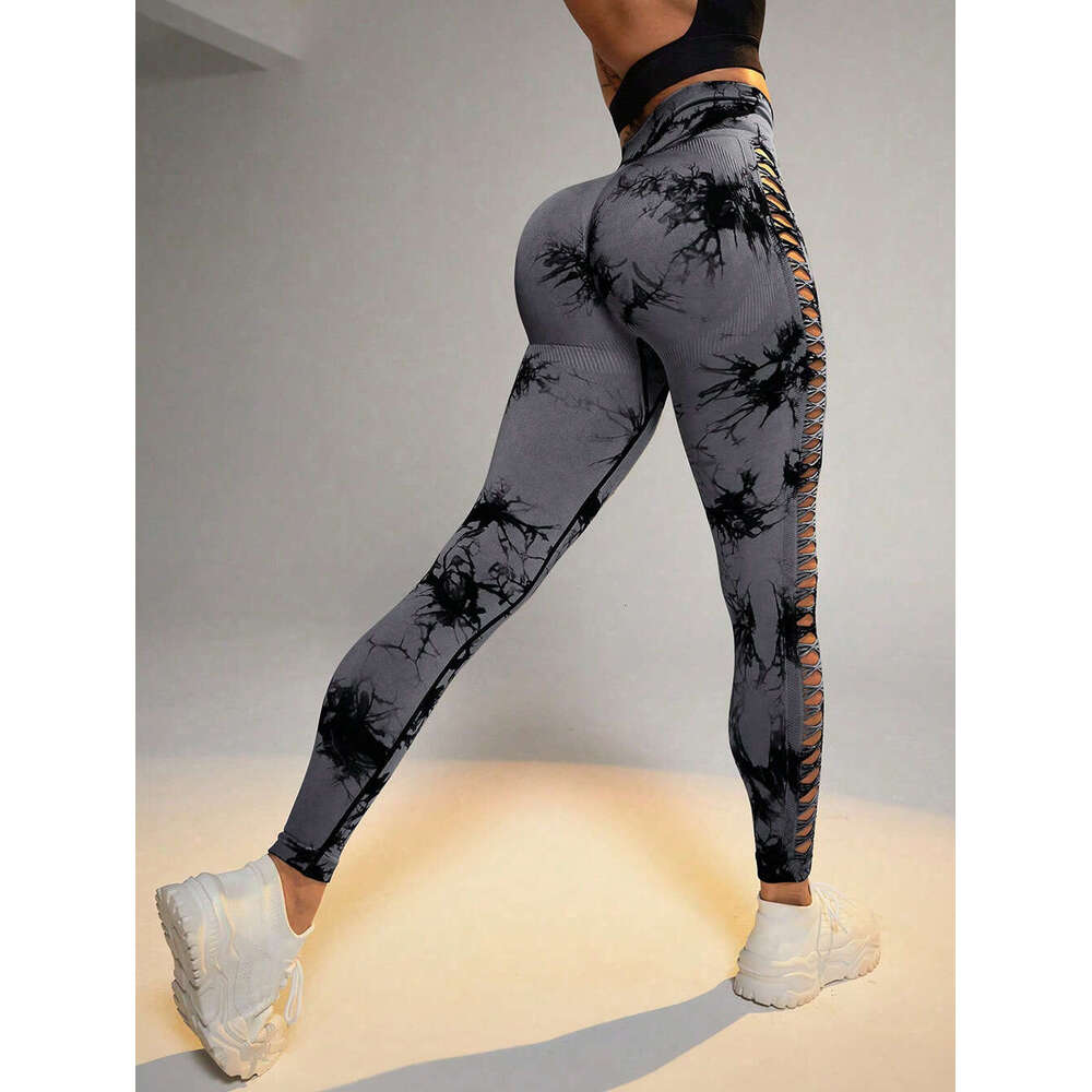Outdoor Hollow High Waist Peach Hip Lift Sports Fitness Pants Breathable Tie-Dye Seamless Yoga Wear for Women