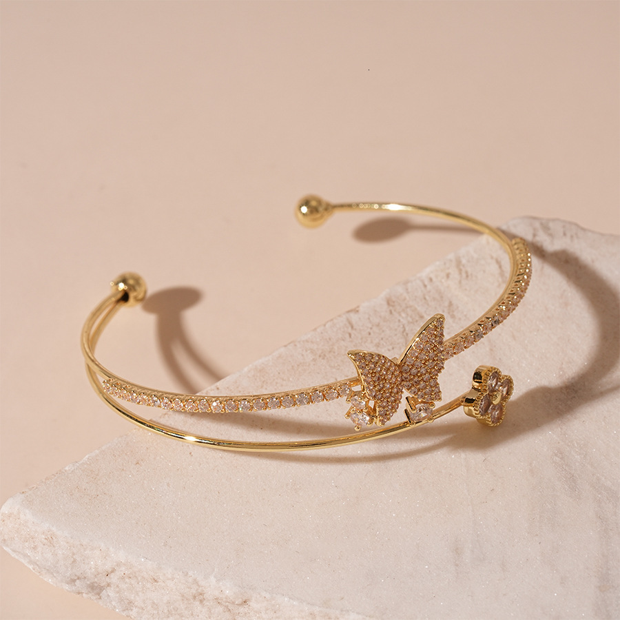 Metallic Style Zircon Butterfly Flower Double Layer Open Bracelet Simple High-end Sense Elegant Geometric Jewelry for Women - view 7