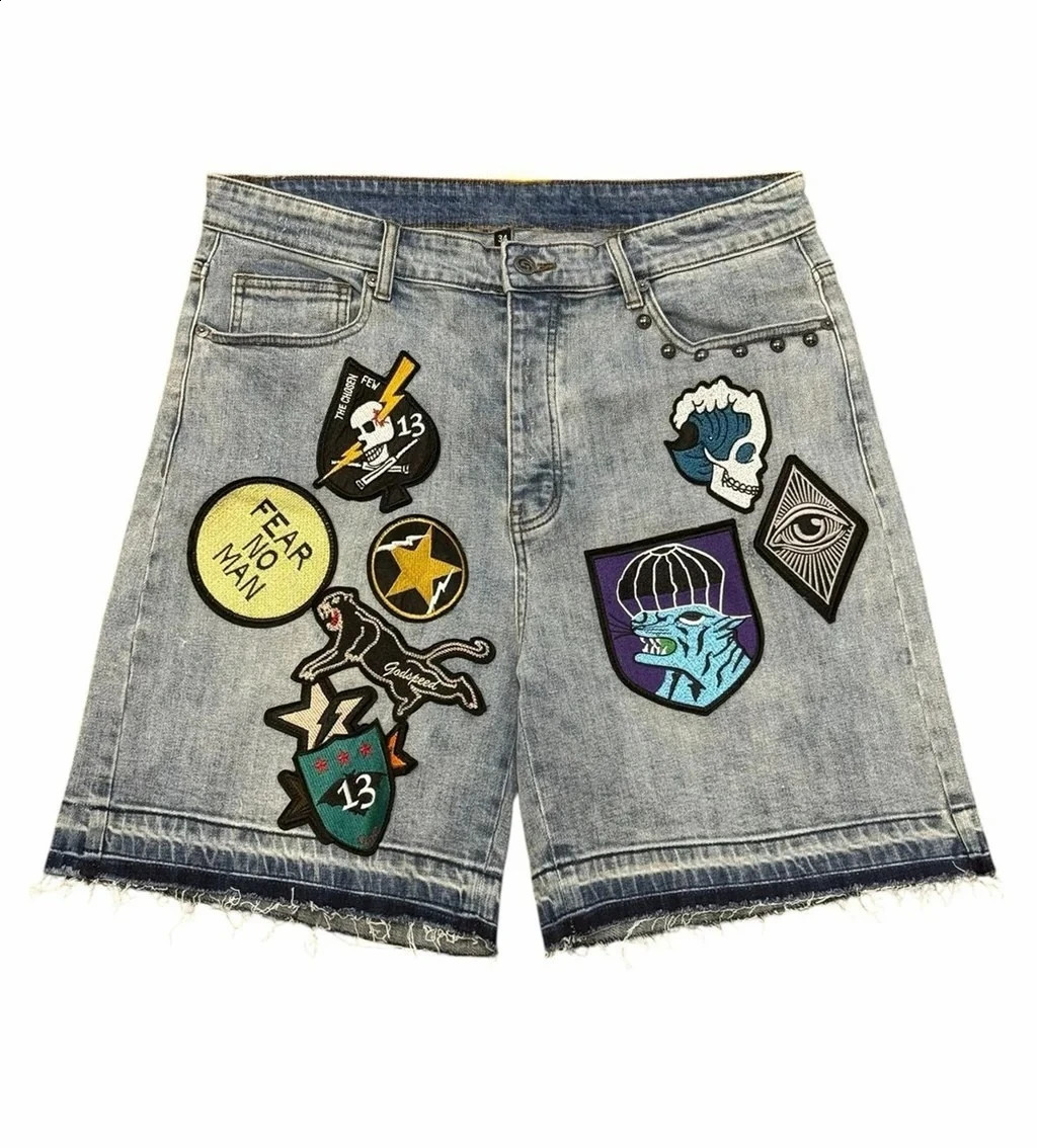 American Retro Y2k Shorts for Male with Patches Frayed Blue Denim Shorts Hip Hop Casual Loose Gothic Male and WoMale Denim Shorts 250827