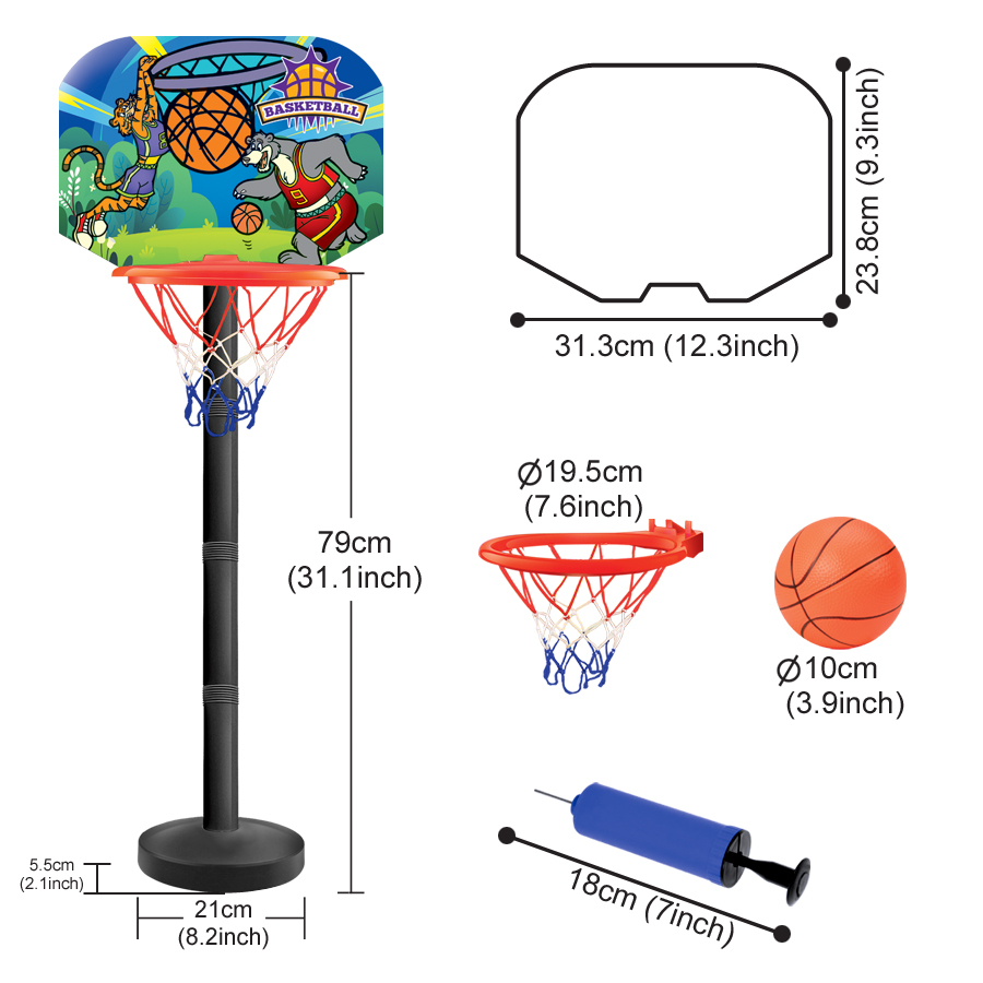 Kids Adjustable Basketball Hoop Set - Cartoon Tiger & Bear Design, with Ball and Pump