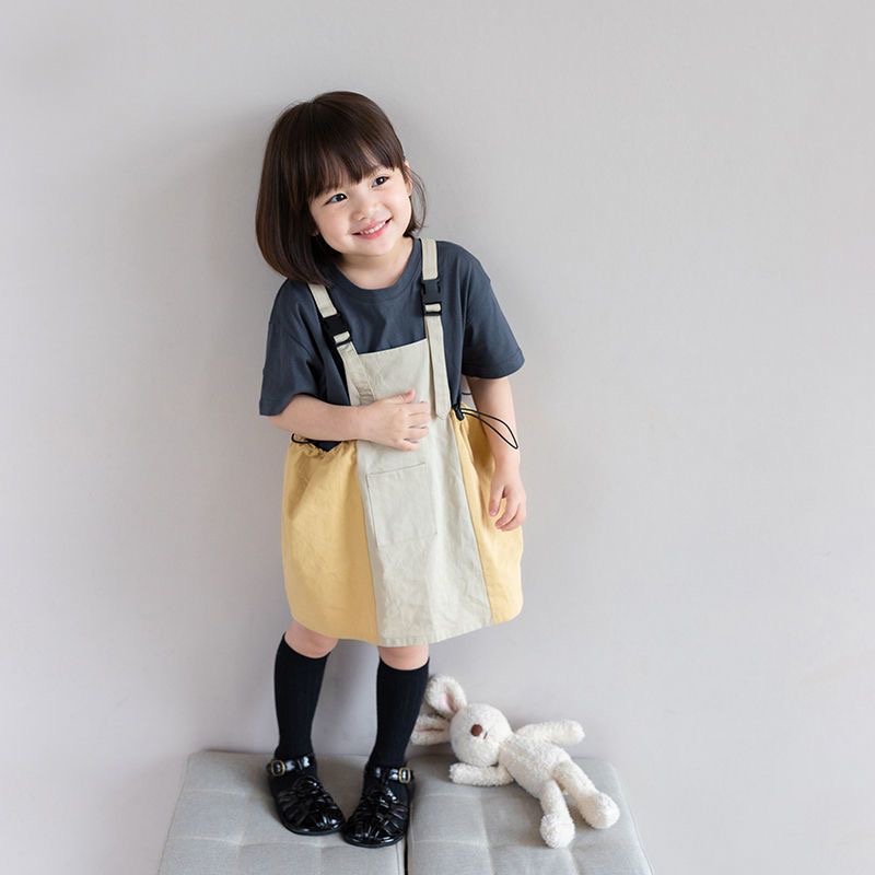 D257 T-shirt de couleur solide de nouvelles filles d'été + Couleur de contraste jupe élastique Small and Medium Children à la mode en deux pièces