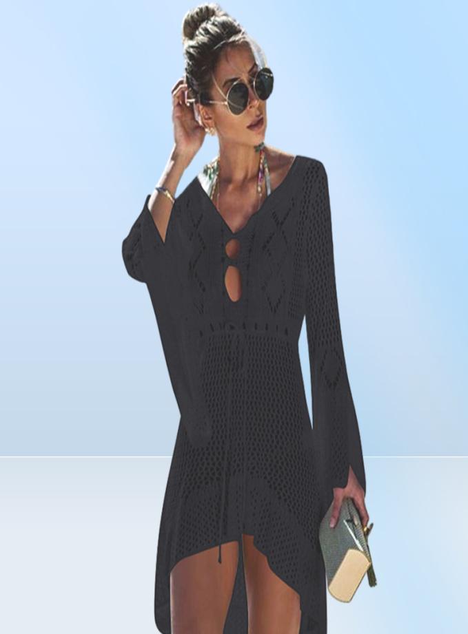2021 Crochet White Knitted Beach Cover up wraps dress Tunic Long Pareos Bikinis Swim Robe Plage Beachwear9640281