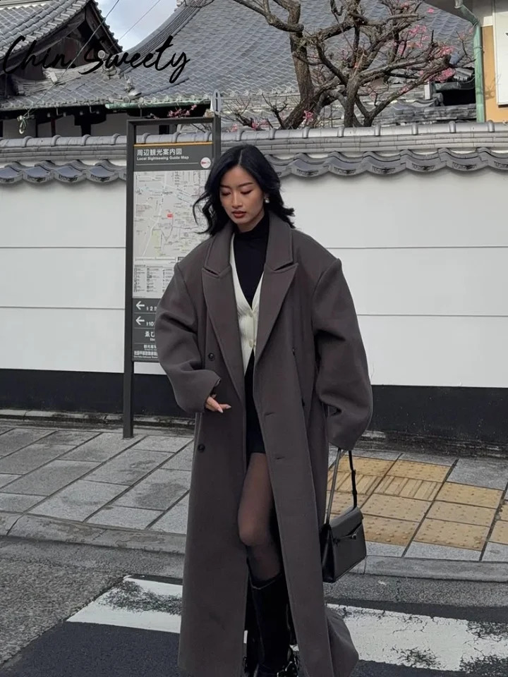 Urban Women Wool Long Coat Casual Full Sleeve Lapel DoubeBreasted Female Coats Autumn Winter Casual Lady Streetwear 250901