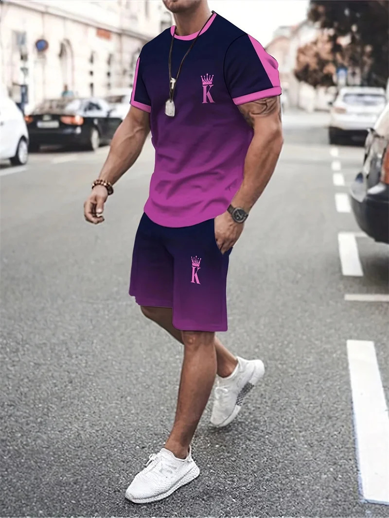 The latest 3D gradient Tshirt and shorts set mens short sleeved Oneck top casual fashionable skateboarding sportswear 250826