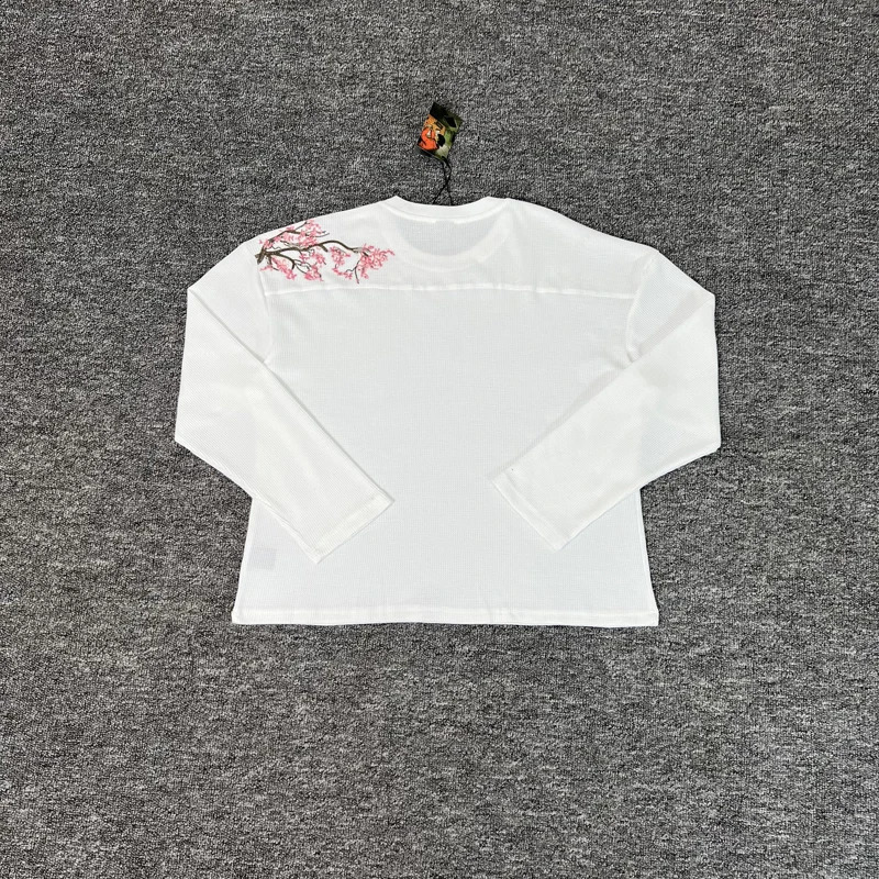 Waffle Long Sleeve Embroidery Sakura Derschutze Blossom T Shirt Men Women Casual Loose High Quality Breathe Tshirt Clothes 250826