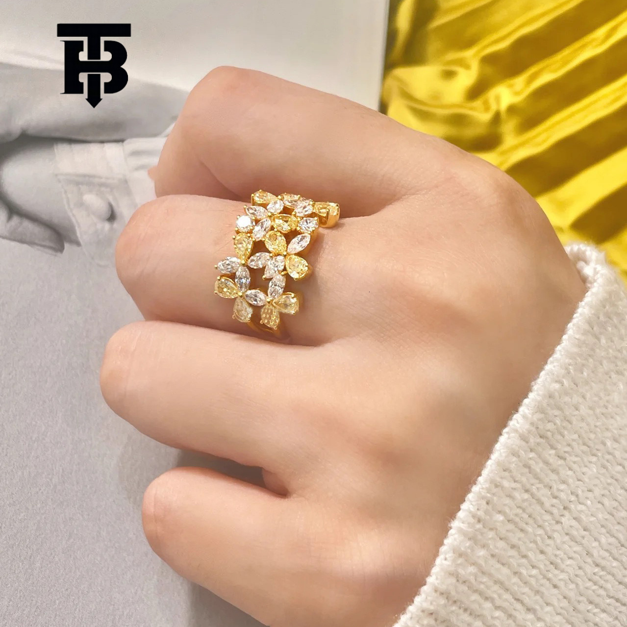 Designer Jewelry Wedding Rings Small Yellow Flower Diamond Ring For Women Colorful Diamond, Ins Water Drop Shape 18K Plated Niche High-end Feel Micro-