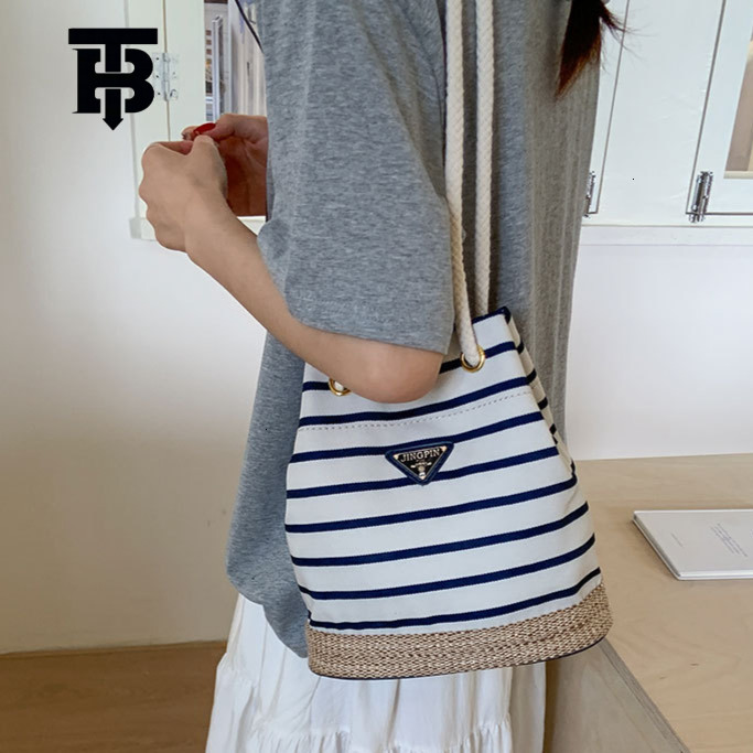 TB BHULAMTE Designer Luxury Women's Drawstring Striped Bucket Crossbody Bag Handbag Summer Versatile Retro Commuter Simple Texture Single Shoulde