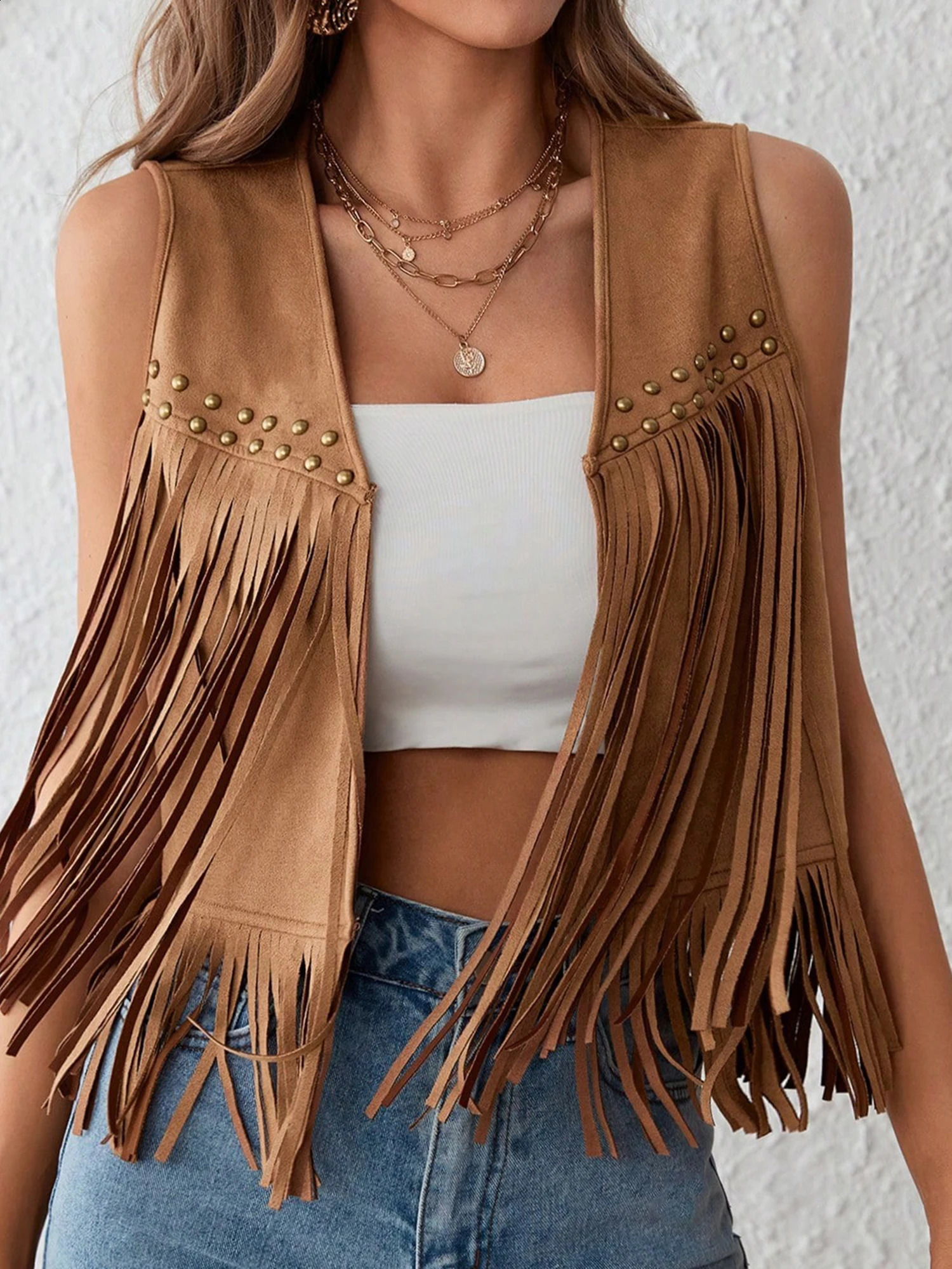 Vintage Fringe Suede Jacket 70s Boho Hippie Outfit Sleeveless Open Front Vest Western Cowgirl Coat Retro Fashion Trend 250826