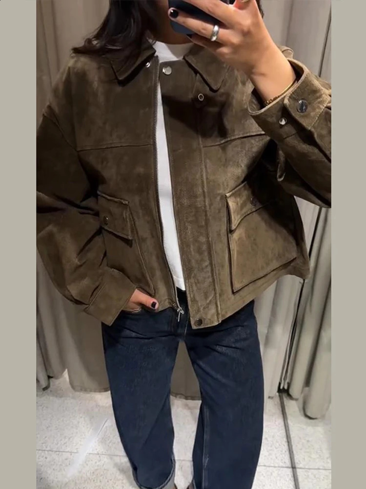Elegant Suede Coats Women Turndown Collar Full Sleeve Zipper Pocket Jackets Autumn Winter Female Daily Casual Outerwear 250827