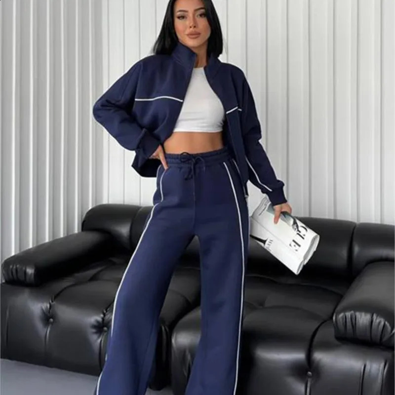Casual Sports Suits Long Sleeved Half High Collar Cardigan Sweater Lace up Striped Pants Women Clothing Two Piece Set Tracksuit 250827