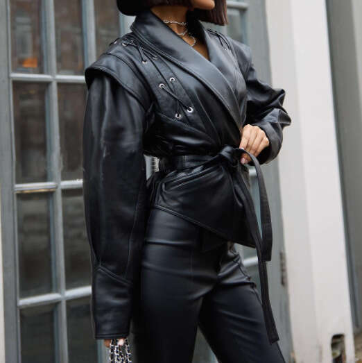 2024 New Versatile Faux Leather Jacket With Tie V-Neck Street Fashion