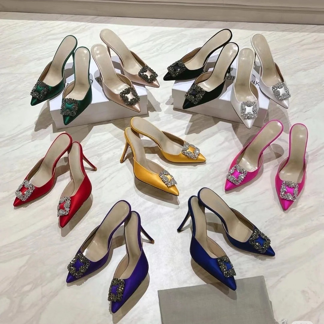 2026 Designer High Heels Slippers 8cm Women Sandals Summer Shoes Silk Genuine Leather Pointed Toes Blue Black Diamond Pumps Thin Heel Luxury New Dress Shoes 34-44