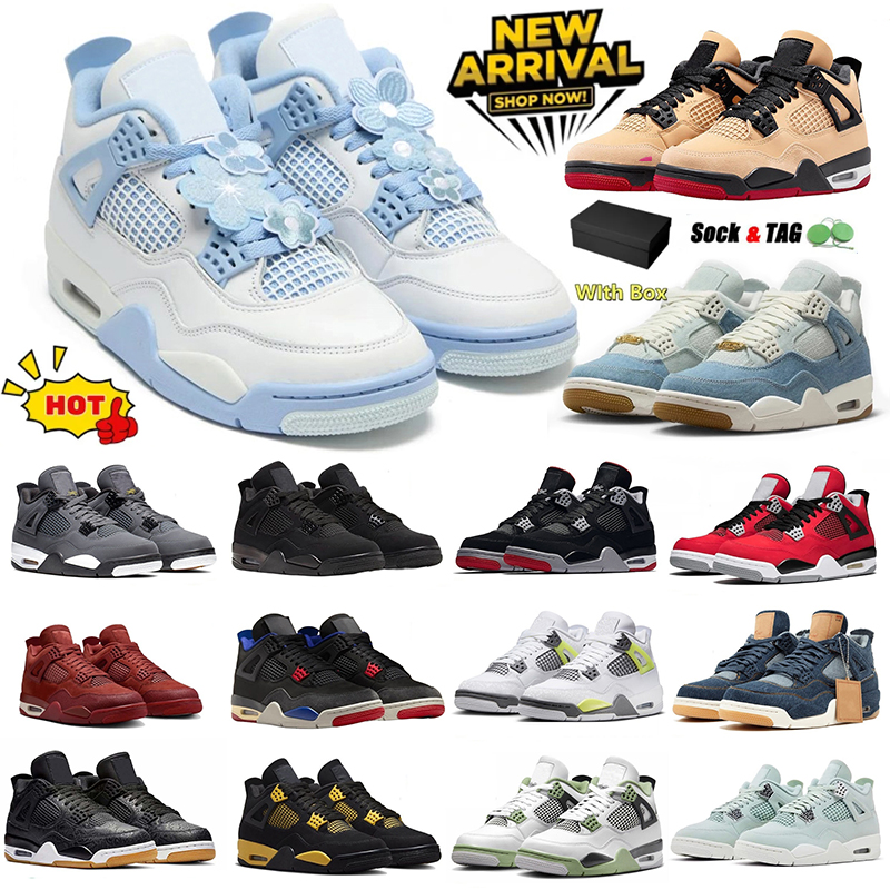 With Box Basketball Shoes 4 4s Sports Sneakers Men 2025 Pizza Black Cat Worn Blue White Cement Thunder Bred Reimagined Guava Ice Luxury Designer Women Outdoor Trainer