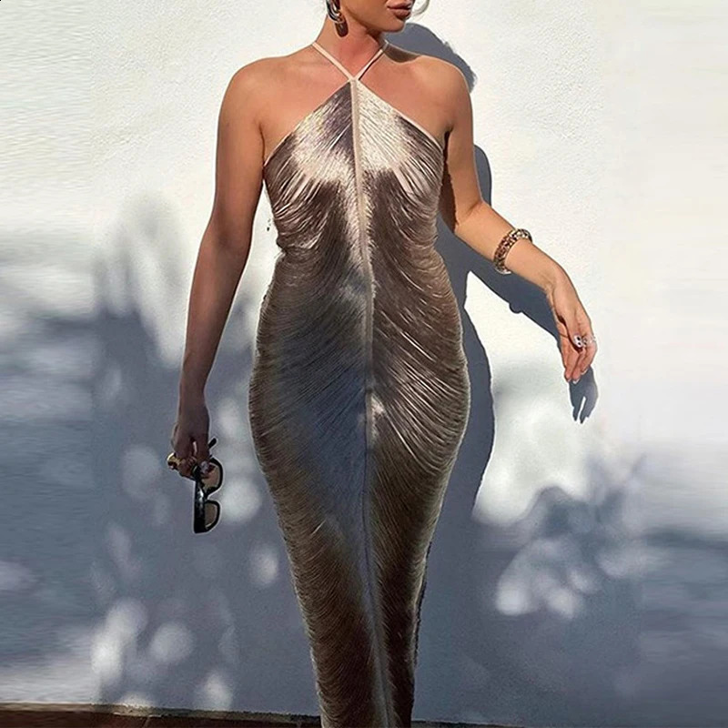 Sexy Hollow Out Sleeveless Tassels Womens Dress Fashion Halter Slim Solid Color Long Dress Elegant High Waist Split Party Dress 250827