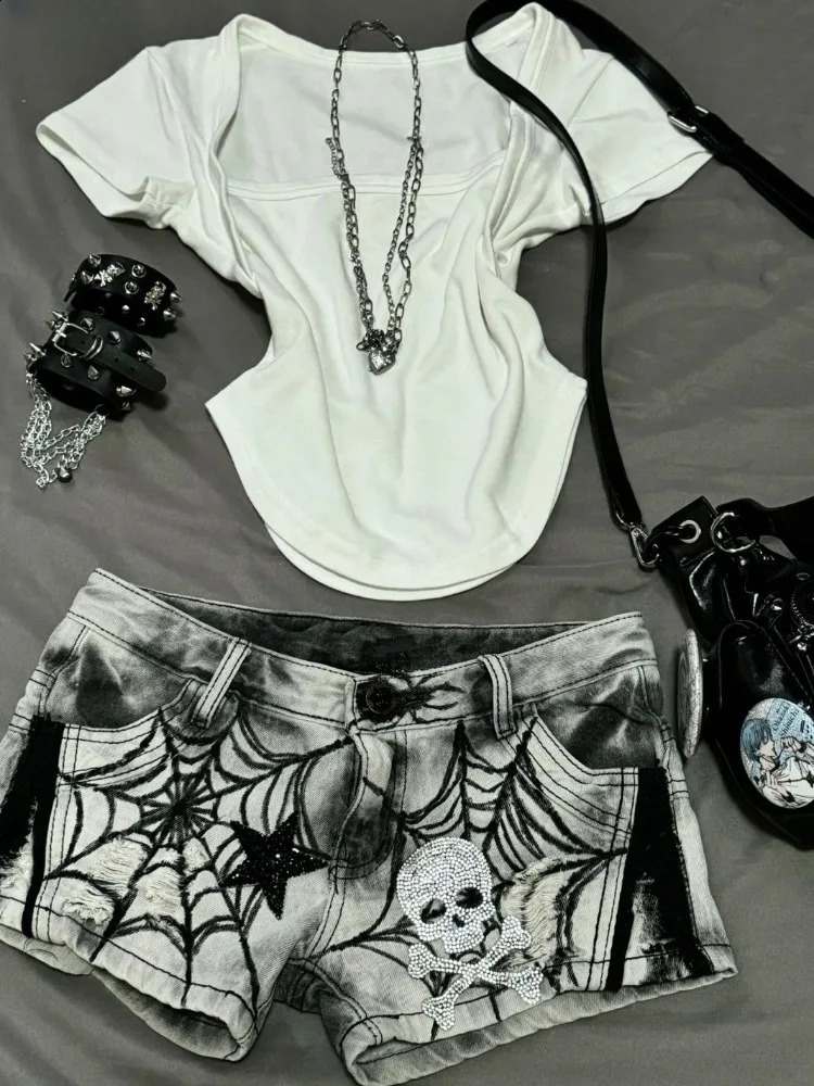 Street Punk Spider Web Printed Diamond Skull Star Denim Shorts Sexy Lowwaisted Short Panrts Summer Jeans for Women 250827