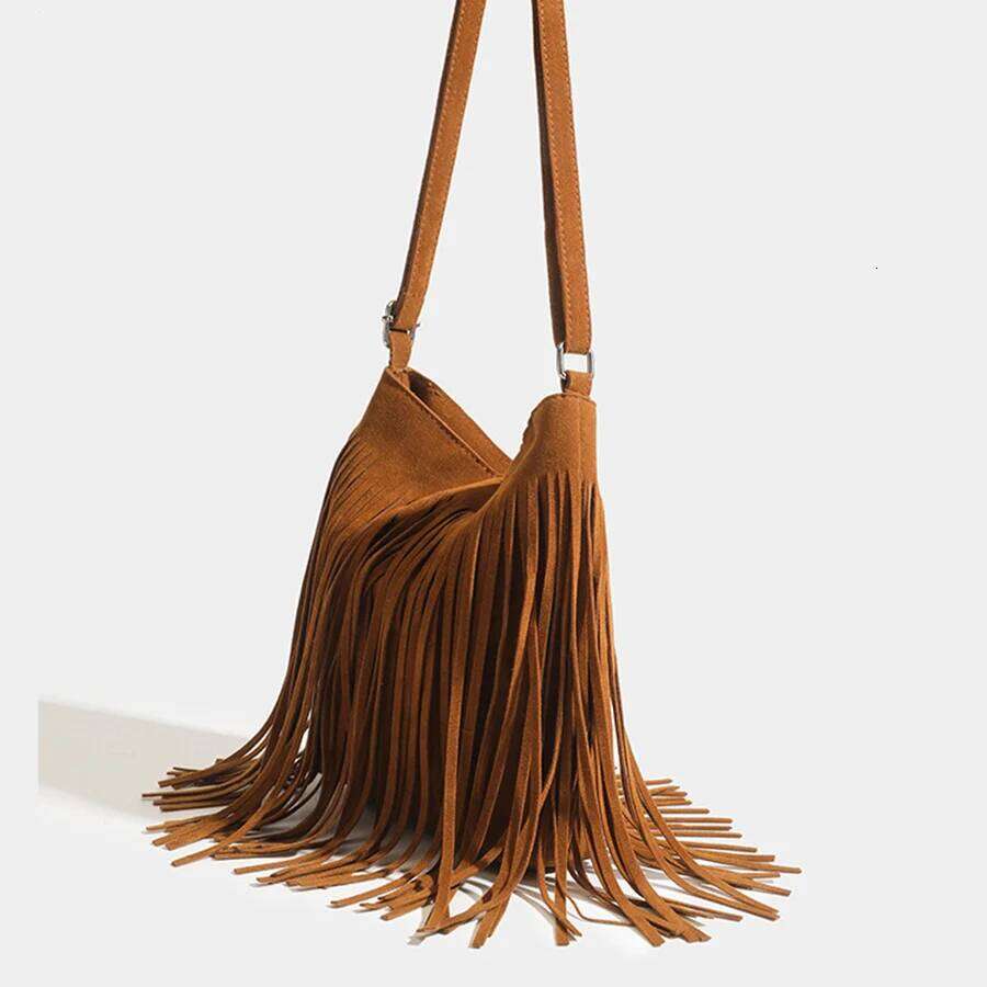 Designer Bags Vintage Suede Tassel Crossbody Bags, Women's Versatile Shoulder Bag, Boho Style Fringe Square Purse, Handbags For Daily Travel Luxu