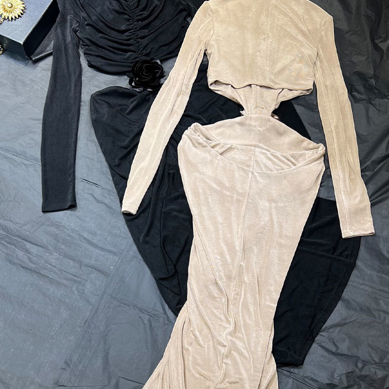 Designer Y2K Fall New Ladies Acetate Knit Waist Cutout Flower Maxi Dress, V-Neck Bodycon Dress With Long Sleeves, Two Colors, Elegant S0864