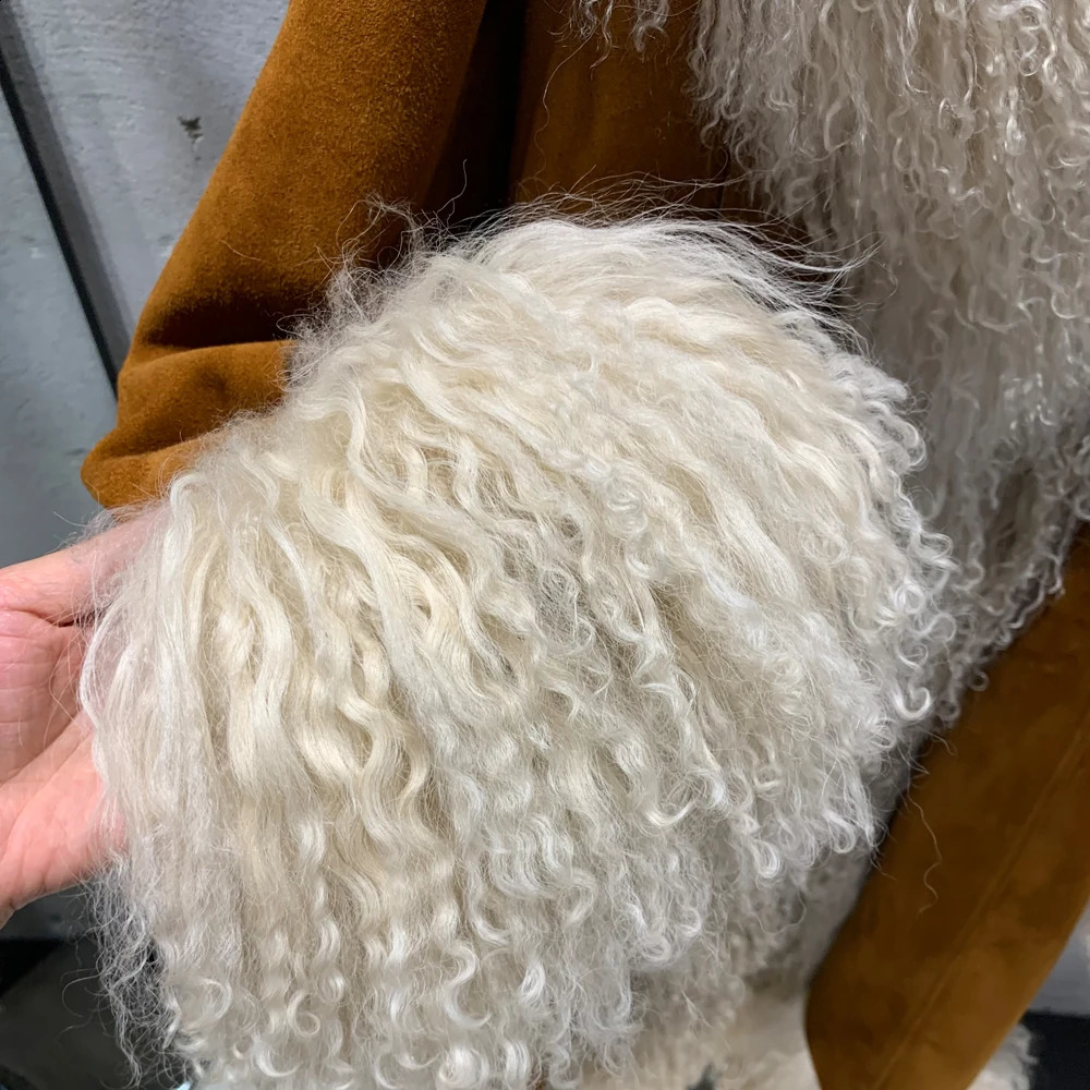 Suede Coat Fur Collar Women Autumn Genuine Sheepskin Long with Mongfolian Trim y250826