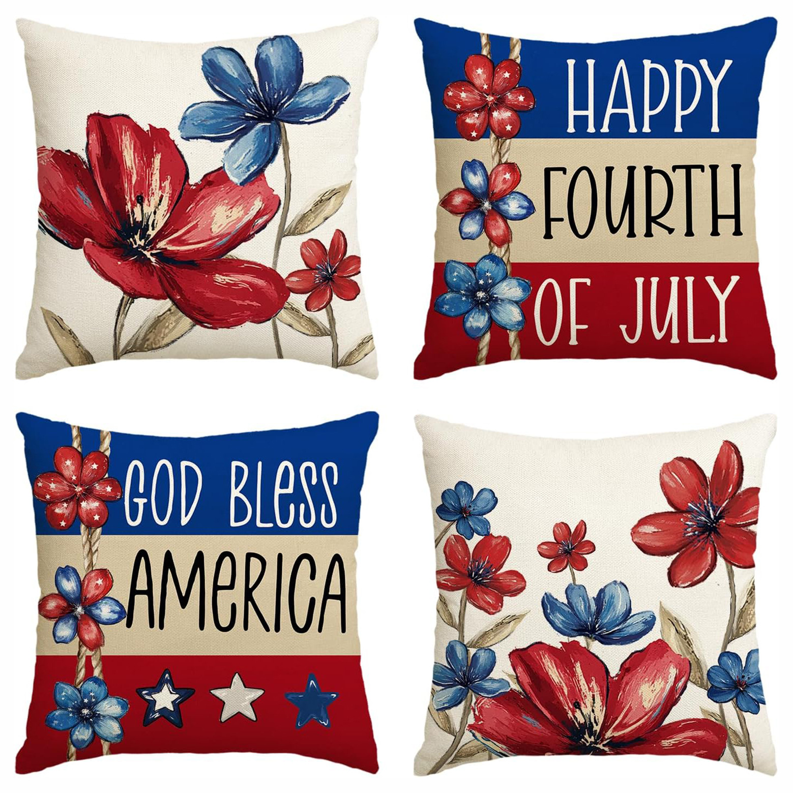 Hot Sale Independence Day Floral Red White Blue Pillowcase Linen Print Home Outdoor Sofa Decorative Cushion Cover