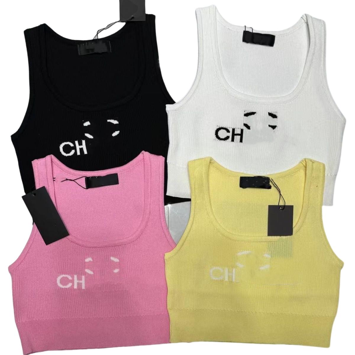 Women new designer logo letter jacquard knitted candy color tanks high waist short crop top vest camis SMLXL