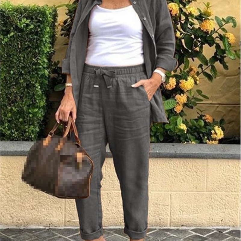 2025 Autumn Spring Casual Suit Women Cotton Linen 2 Piece Set Solid Color Loose Button Shirt Pants Sets Daily Womens Clothing 250826