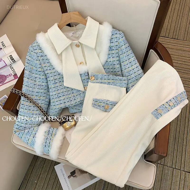 Temperament Tweed Jacket Patchwork Top Plaid Coat Fleece Thick Wide Leg Womens Two Peice Sets Pantalon Femme Chic New Autumn dongdumaoyi