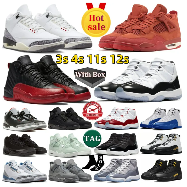 With Box Basketball Shoes 3s 4s 11s 12s Designer shoes black cat Unc Buleburry cherry thunder Cool Wizards Slim Shady Cardinal Court Grey Pine Trainers Sneakers