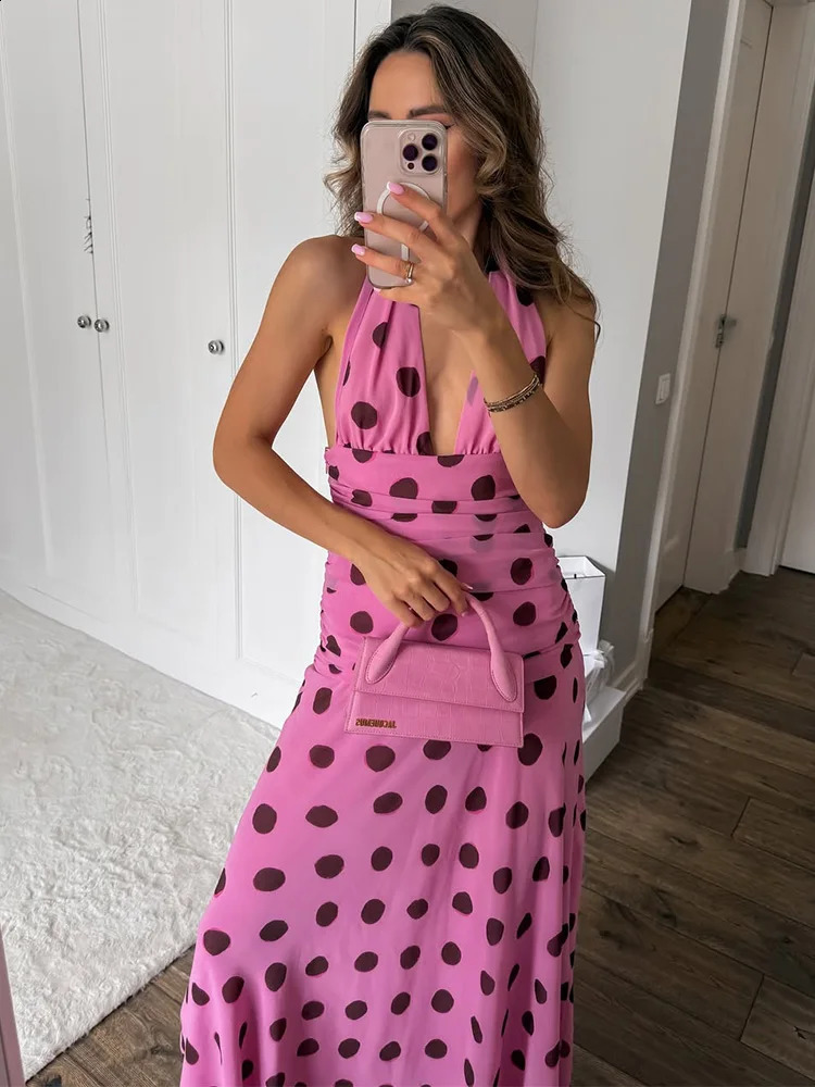 Trendix Pink Print Pleated Maxi Dress Womens Summer V Neck Sexy Backless Vintage Long Dresses Fall Party Elegant Dress 250826