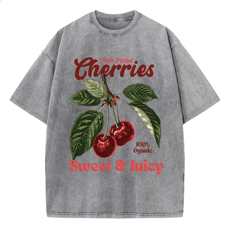 Fresh Picked Cherries Cottonwashed T Shirts Women Sweet Fruit Print TShirt Distressed Oversize ONeck Tops Street Woman Clothes 250827