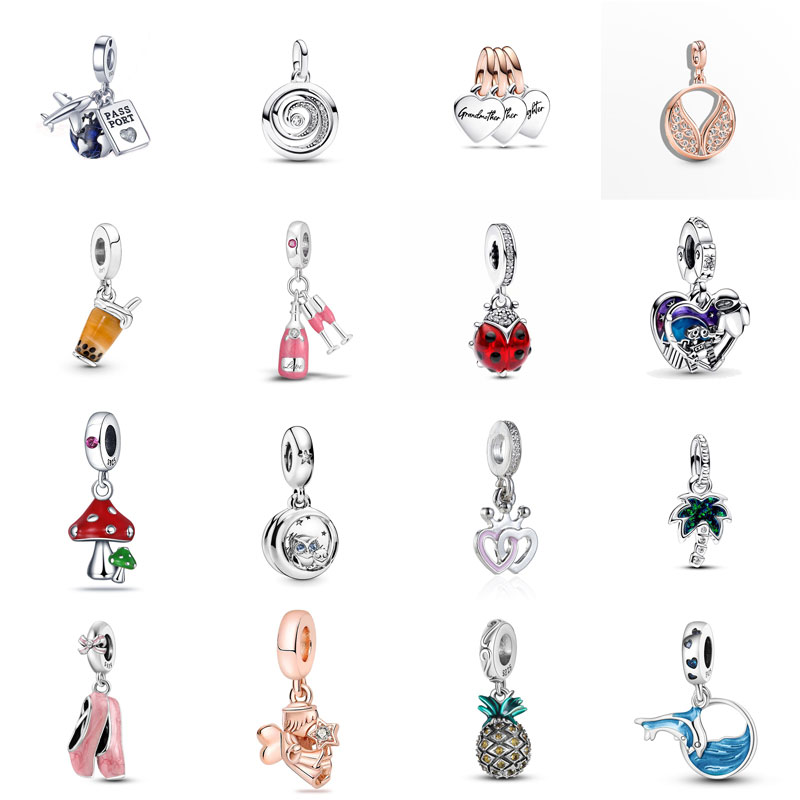 S925 Silver Designer Charm Travel Plane Hanging Beads Mushroom Coconut Tree Love Angel Pineapple Pendant Bracelet DIY Jewelry Free Shipping Valentine's Day Gift