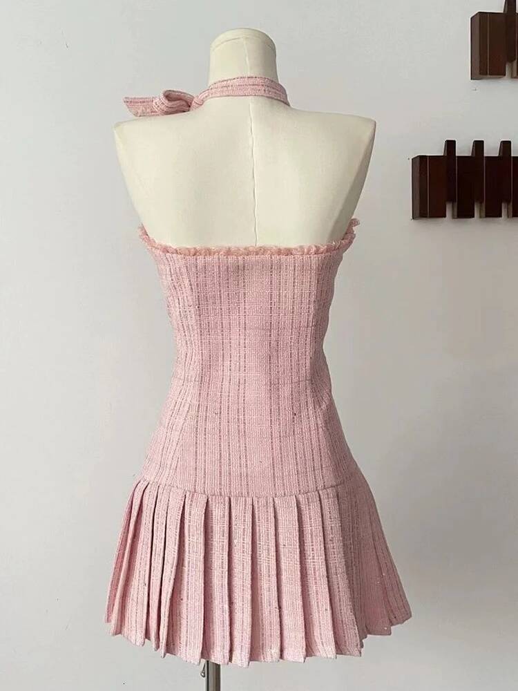 Elegant French Small Fragrant Halter Frocks Robe Tide Patchwork Bow Slim Girl Sweet Fashion A-Line Mini Dress dongdumaoyi